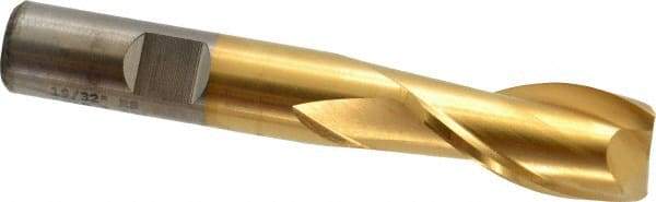 Cleveland - 19/32", 1-1/8" LOC, 1/2" Shank Diam, 3-3/8" OAL, 2 Flute, High Speed Steel Square End Mill - Single End, TiN Finish, Spiral Flute, 30° Helix, Centercutting, Right Hand Cut, Right Hand Flute, Series HG-2 - Eagle Tool & Supply