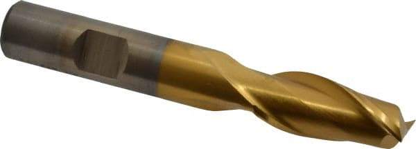 Cleveland - 33/64", 1-1/8" LOC, 1/2" Shank Diam, 3-3/8" OAL, 2 Flute, High Speed Steel Square End Mill - Single End, TiN Finish, Spiral Flute, 30° Helix, Centercutting, Right Hand Cut, Right Hand Flute, Series HG-2 - Eagle Tool & Supply