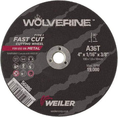 Weiler - 3" 36 Grit Aluminum Oxide Cutoff Wheel - 1/16" Thick, 3/8" Arbor, 25,000 Max RPM, Use with Die Grinders - Eagle Tool & Supply