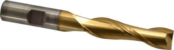 Cleveland - 1/2", 2" LOC, 1/2" Shank Diam, 4" OAL, 2 Flute, High Speed Steel Square End Mill - Single End, TiN Finish, Spiral Flute, 30° Helix, Centercutting, Right Hand Cut, Right Hand Flute, Series HG-2 - Eagle Tool & Supply
