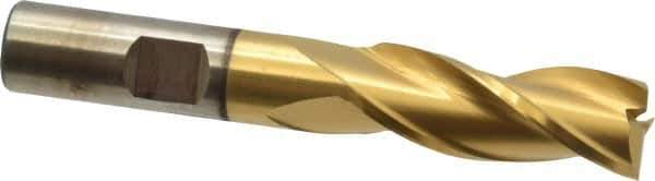Cleveland - 9/16", 1-3/8" LOC, 1/2" Shank Diam, 3-3/8" OAL, 3 Flute, High Speed Steel Square End Mill - Single End, TiN Finish, Spiral Flute, 30° Helix, Centercutting, Right Hand Cut, Right Hand Flute, Series HG-3 - Eagle Tool & Supply