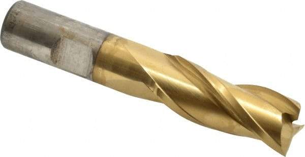 Cleveland - 11/16", 1-5/8" LOC, 5/8" Shank Diam, 3-1/4" OAL, 3 Flute, High Speed Steel Square End Mill - Single End, TiN Finish, Spiral Flute, 30° Helix, Centercutting, Right Hand Cut, Right Hand Flute, Series HG-3 - Eagle Tool & Supply