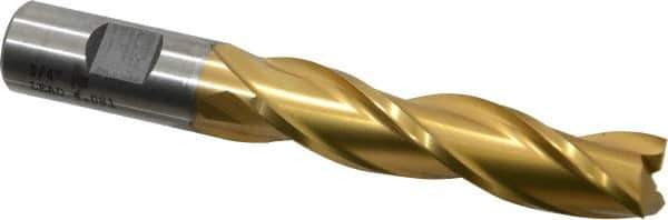 Cleveland - 3/4", 3" LOC, 3/4" Shank Diam, 5-1/4" OAL, 3 Flute, High Speed Steel Square End Mill - Single End, TiN Finish, Spiral Flute, 30° Helix, Centercutting, Right Hand Cut, Right Hand Flute, Series HG-3 - Eagle Tool & Supply
