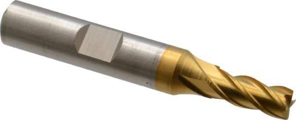 Cleveland - 1/4", 5/8" LOC, 3/8" Shank Diam, 2-7/16" OAL, 4 Flute, Powdered Metal Square End Mill - Single End, TiN Finish, Spiral Flute, 37° Helix, Centercutting, Right Hand Cut, Right Hand Flute, Series PM-4 - Eagle Tool & Supply