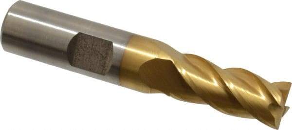 Cleveland - 7/16", 1" LOC, 1/2" Shank Diam, 2-11/16" OAL, 4 Flute, Powdered Metal Square End Mill - Single End, TiN Finish, Spiral Flute, 37° Helix, Centercutting, Right Hand Cut, Right Hand Flute, Series PM-4 - Eagle Tool & Supply