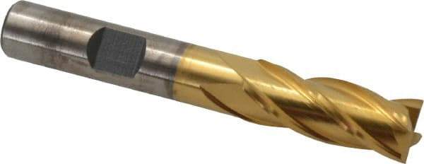 Cleveland - 13/32", 1" LOC, 3/8" Shank Diam, 2-11/16" OAL, 4 Flute, Cobalt Square End Mill - Single End, TiN Finish, Spiral Flute, 30° Helix, Centercutting, Right Hand Cut, Right Hand Flute, Series HGC-4C - Eagle Tool & Supply