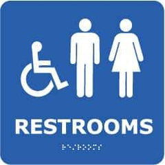 NMC - Restrooms, 8" Wide x 8" High, Plastic Sign - English, Braille, White on Blue, Wall Mount - Eagle Tool & Supply