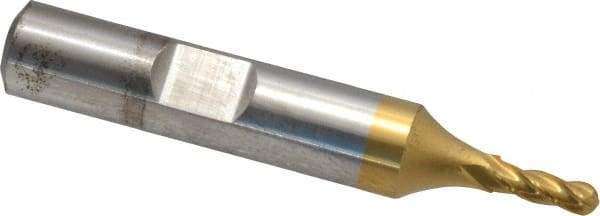 Cleveland - 1/8" Diam, 3/8" LOC, 4 Flute Cobalt Ball End Mill - TiN Finish, Single End, 2-5/16" OAL, 3/8" Shank Diam, Spiral Flute - Eagle Tool & Supply