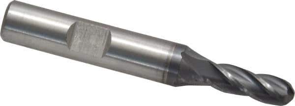 Cleveland - 1/4" Diam, 5/8" LOC, 4 Flute Cobalt Ball End Mill - TiCN Finish, Single End, 2-7/16" OAL, 3/8" Shank Diam, Spiral Flute - Eagle Tool & Supply