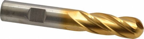 Cleveland - 1/2" Diam, 1-1/4" LOC, 4 Flute Cobalt Ball End Mill - TiN Finish, Single End, 3-1/4" OAL, 1/2" Shank Diam, Spiral Flute - Eagle Tool & Supply
