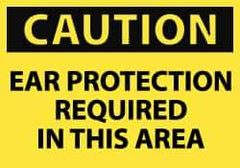 NMC - Accident Prevention Label, Header: CAUTION - Legend: Caution - Ear Protection Required in This Area, English, Black & Yellow, 5" Long x 3" High, Sign Muscle Finish - Eagle Tool & Supply
