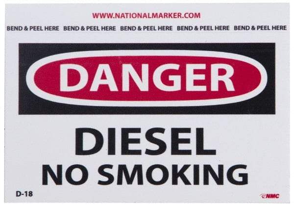 NMC - Accident Prevention Label, Header: DANGER - Legend: Danger - Diesel - No Smoking, English, Red, Black & White, 5" Long x 3" High, Sign Muscle Finish - Eagle Tool & Supply