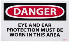 NMC - Accident Prevention Label, Header: DANGER - Legend: Danger - Eye and Ear Protection Must Be Worn in This Area, English, Red, Black & White, 5" Long x 3" High, Sign Muscle Finish - Eagle Tool & Supply