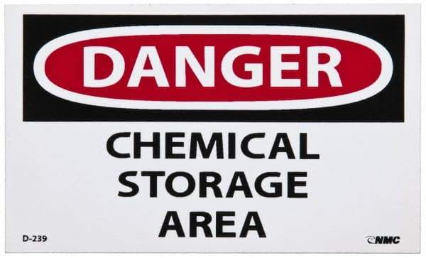 NMC - Hazardous Materials Label, Header: DANGER - Legend: Danger - Chemical Storage Area, English, Red, Black & White, 5" Long x 3" High, Sign Muscle Finish - Eagle Tool & Supply