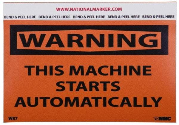 NMC - Accident Prevention Label, Header: WARNING - Legend: Warning - This Machine Starts Automatically, English, Black & Orange, 5" Long x 3" High, Sign Muscle Finish - Eagle Tool & Supply