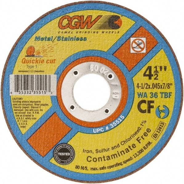 Camel Grinding Wheels - 5" 36 Grit Aluminum Oxide Cutoff Wheel - 0.045" Thick, 7/8" Arbor, 12,250 Max RPM - Eagle Tool & Supply