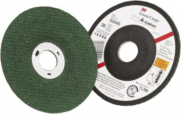 3M - 36 Grit, 4-1/2" Wheel Diam, 1/8" Wheel Thickness, 7/8" Arbor Hole, Type 27 Depressed Center Wheel - Ceramic - Eagle Tool & Supply