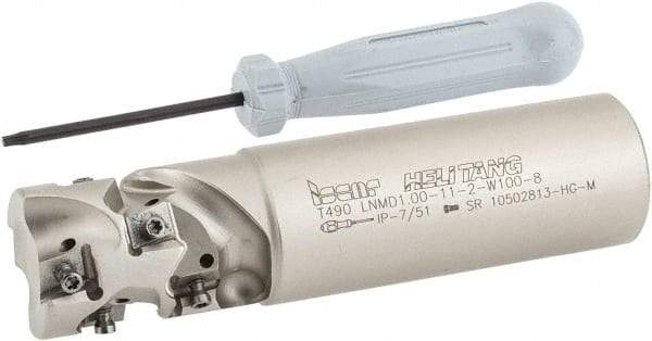 Iscar - 1" Cut Diam, 1.2" Max Depth of Cut, 1" Shank Diam, 4" OAL, Indexable Square Shoulder End Mill - T490 LN.T 08.. Inserts, Weldon Shank, 90° Lead Angle, Through Coolant, Series Helitang - Eagle Tool & Supply