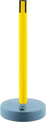 Tensator - 38" High, 2-1/2" Pole Diam, Tensabarrier Post - 15" Base Diam, Round Plastic Base, Yellow Plastic Post, Tape, Single Line Tape, For Outdoor Use - Eagle Tool & Supply