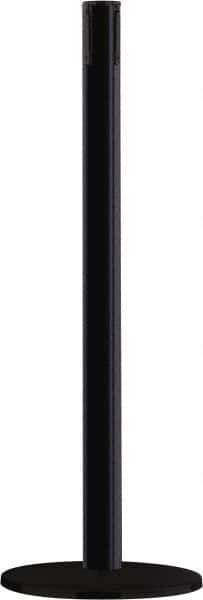 Tensator - 38" High, 2-1/2" Pole Diam, Tensabarrier Post - 14" Base Diam, Round Heavy Gauge Steel Base, Black Steel Post, Tape, Single Line Tape - Eagle Tool & Supply