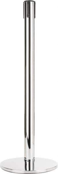 Tensator - 38" High, 2-1/2" Pole Diam, Tensabarrier Post - 14" Base Diam, Round Heavy Gauge Steel Base, Polished Chrome (Color) Steel Post, Tape, Single Line Tape - Eagle Tool & Supply