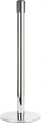 Tensator - 38" High, 2-1/2" Pole Diam, Tensabarrier Post - 14" Base Diam, Round Heavy Gauge Steel Base, Polished Chrome (Color) Steel Post, Tape, Single Line Tape - Eagle Tool & Supply