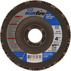 Norton - 80 Grit, 4-1/2" Disc Diam, 7/8" Center Hole, Type 29 Zirconia Alumina Flap Disc - 13,300 Max RPM, Cloth Backing, Arbor Attaching System, Coated - Eagle Tool & Supply
