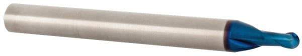 Accupro - 1/8" Diam, 1/8" LOC, 2 Flute Solid Carbide Ball End Mill - Blue Finish, Single End, 2-1/2" OAL, 1/4" Shank Diam, Spiral Flute - Eagle Tool & Supply