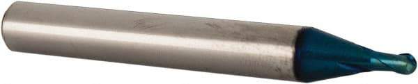 Accupro - 3/32" Diam, 3/32" LOC, 2 Flute Solid Carbide Ball End Mill - Blue Finish, Single End, 2" OAL, 1/4" Shank Diam, Spiral Flute - Eagle Tool & Supply