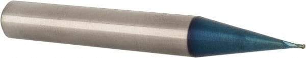 Accupro - 1/32" Diam, 1/32" LOC, 2 Flute Solid Carbide Ball End Mill - Blue Finish, Single End, 2" OAL, 1/4" Shank Diam, Spiral Flute - Eagle Tool & Supply