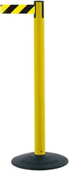 Tensator - 38" High, 2-1/2" Pole Diam, Barricade Tape Dispenser - 14" Base Diam, Round Stainless Steel Base, Black Polymer Post, 7-1/2' x 1-7/8" Tape, Single Line Tape, For Outdoor Use - Eagle Tool & Supply