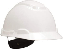 3M - ANSI Type I, Class E Rated, 4 Point, Ratchet Adjustment Hard Hat - Size 6-1/2 to 8, White, Standard Brim, Slotted - Eagle Tool & Supply