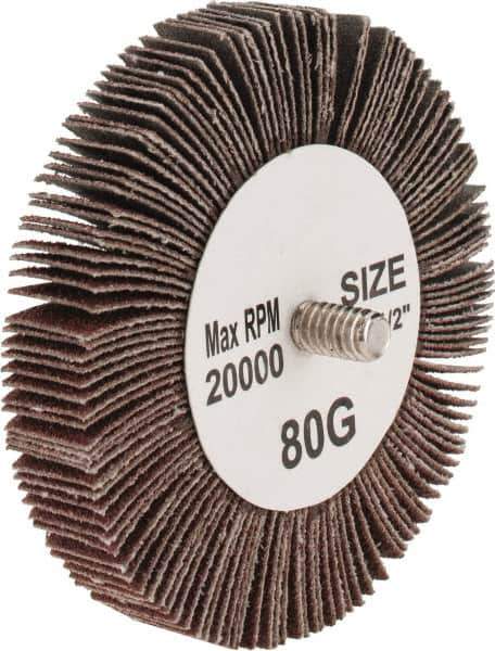 Tru-Maxx - 3" Diam x 1/2" Face Width, Medium Aluminum Oxide Coated Mounted Flap Wheel - 1/4-20 Threaded Mount, 80 Grit, 20,000 Max RPM - Eagle Tool & Supply