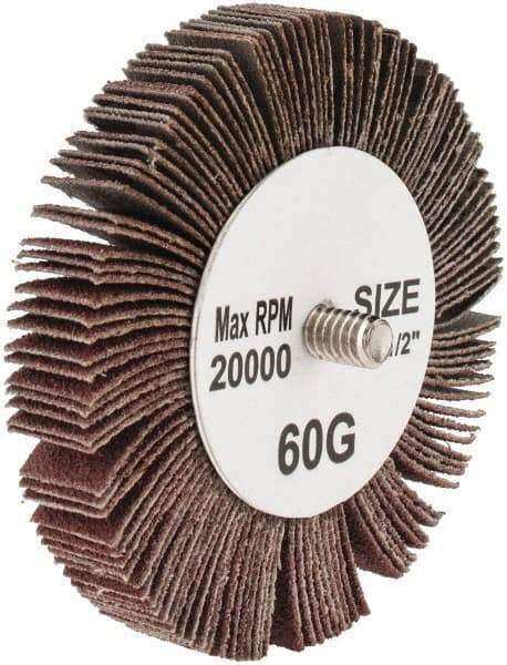 Tru-Maxx - 3" Diam x 1/2" Face Width, Medium Aluminum Oxide Coated Mounted Flap Wheel - 1/4-20 Threaded Mount, 60 Grit, 20,000 Max RPM - Eagle Tool & Supply