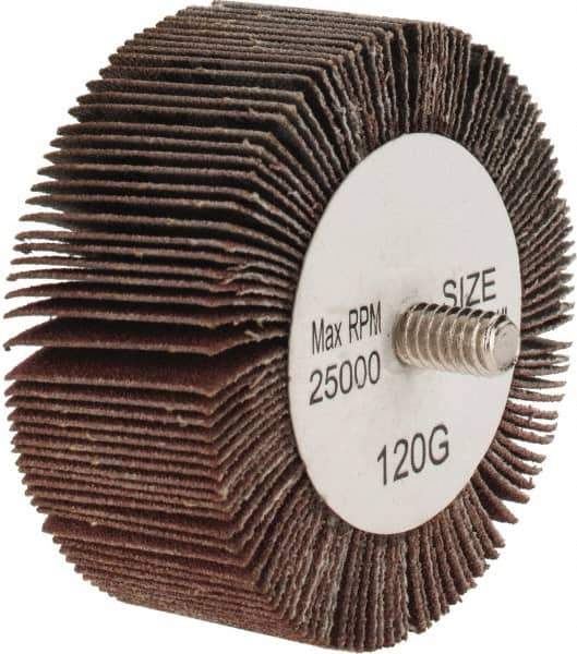 Tru-Maxx - 2-1/2" Diam x 1" Face Width, Fine Aluminum Oxide Coated Mounted Flap Wheel - 1/4-20 Threaded Mount, 120 Grit, 25,000 Max RPM - Eagle Tool & Supply