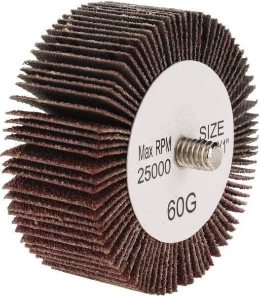 Tru-Maxx - 2-1/2" Diam x 1" Face Width, Medium Aluminum Oxide Coated Mounted Flap Wheel - 1/4-20 Threaded Mount, 60 Grit, 25,000 Max RPM - Eagle Tool & Supply