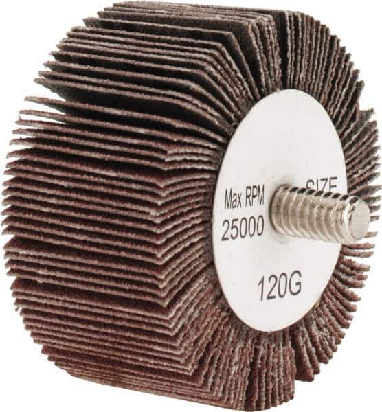 Tru-Maxx - 2" Diam x 1" Face Width, Fine Aluminum Oxide Coated Mounted Flap Wheel - 1/4-20 Threaded Mount, 120 Grit, 25,000 Max RPM - Eagle Tool & Supply