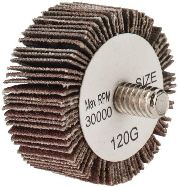Tru-Maxx - 1-3/8" Diam x 5/8" Face Width, Fine Aluminum Oxide Coated Mounted Flap Wheel - 1/4-20 Threaded Mount, 120 Grit, 30,000 Max RPM - Eagle Tool & Supply