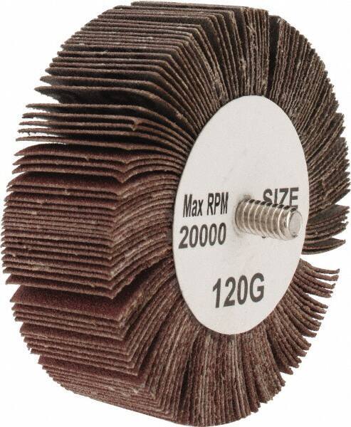 Tru-Maxx - 3" Diam x 1" Face Width, Fine Aluminum Oxide Coated Mounted Flap Wheel - 1/4-20 Threaded Mount, 120 Grit, 20,000 Max RPM - Eagle Tool & Supply