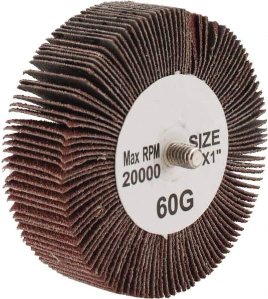 Tru-Maxx - 3" Diam x 1" Face Width, Medium Aluminum Oxide Coated Mounted Flap Wheel - 1/4-20 Threaded Mount, 60 Grit, 20,000 Max RPM - Eagle Tool & Supply