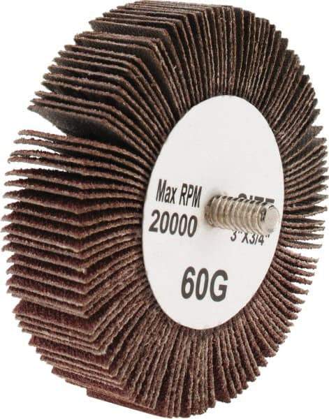 Tru-Maxx - 3" Diam x 3/4" Face Width, Medium Aluminum Oxide Coated Mounted Flap Wheel - 1/4-20 Threaded Mount, 60 Grit, 20,000 Max RPM - Eagle Tool & Supply