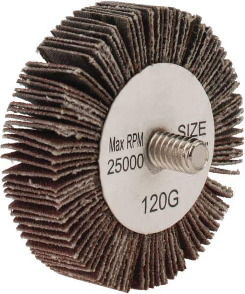Tru-Maxx - 2" Diam x 1/2" Face Width, Fine Aluminum Oxide Coated Mounted Flap Wheel - 1/4-20 Threaded Mount, 120 Grit, 25,000 Max RPM - Eagle Tool & Supply