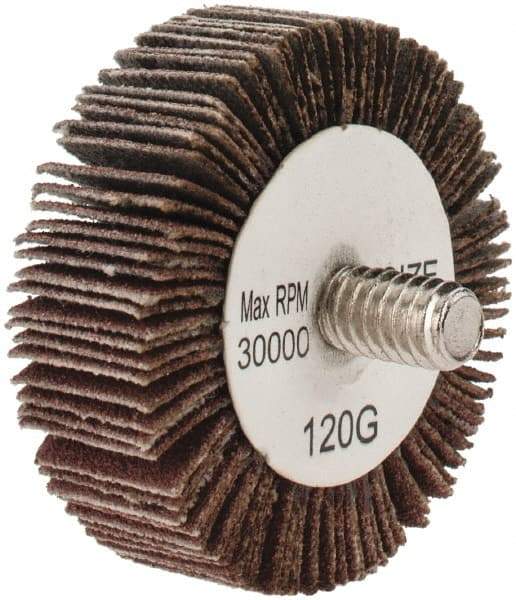 Tru-Maxx - 1-1/2" Diam x 1/2" Face Width, Fine Aluminum Oxide Coated Mounted Flap Wheel - 1/4-20 Threaded Mount, 120 Grit, 30,000 Max RPM - Eagle Tool & Supply