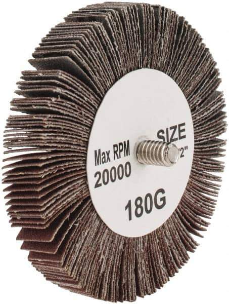 Tru-Maxx - 3" Diam x 1/2" Face Width, Very Fine Aluminum Oxide Coated Mounted Flap Wheel - 1/4-20 Threaded Mount, 180 Grit, 20,000 Max RPM - Eagle Tool & Supply