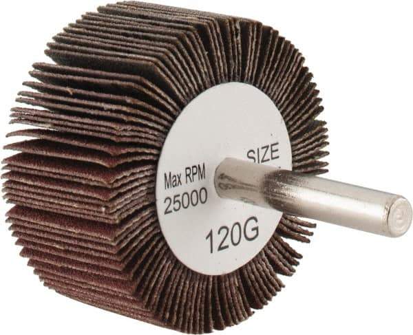 Tru-Maxx - 2" Diam x 1" Face Width, Fine Aluminum Oxide Coated Mounted Flap Wheel - 1/4" Shank Mount, 120 Grit, 25,000 Max RPM - Eagle Tool & Supply
