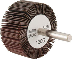 Tru-Maxx - 2" Diam x 1" Face Width, Fine Aluminum Oxide Coated Mounted Flap Wheel - 1/4" Shank Mount, 120 Grit, 25,000 Max RPM - Eagle Tool & Supply
