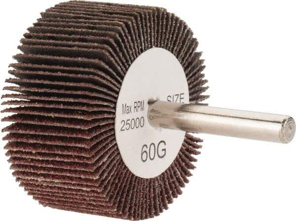 Tru-Maxx - 2" Diam x 1" Face Width, Medium Aluminum Oxide Coated Mounted Flap Wheel - 1/4" Shank Mount, 60 Grit, 25,000 Max RPM - Eagle Tool & Supply