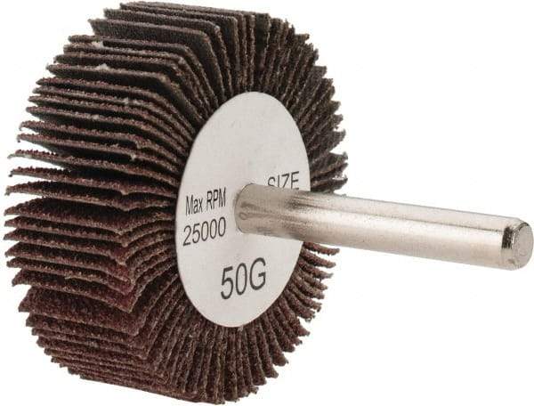 Tru-Maxx - 2" Diam x 3/4" Face Width, Coarse Aluminum Oxide Coated Mounted Flap Wheel - 1/4" Shank Mount, 50 Grit, 25,000 Max RPM - Eagle Tool & Supply