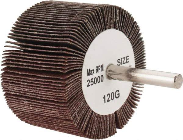 Tru-Maxx - 2-1/2" Diam x 1-1/2" Face Width, Fine Aluminum Oxide Coated Mounted Flap Wheel - 1/4" Shank Mount, 120 Grit, 25,000 Max RPM - Eagle Tool & Supply