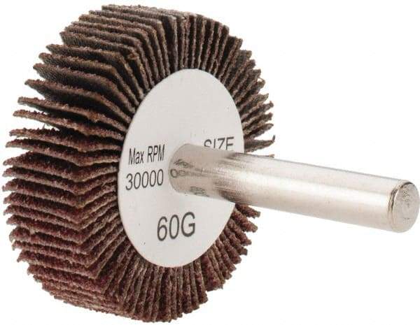 Tru-Maxx - 1-1/2" Diam x 1/2" Face Width, Medium Aluminum Oxide Coated Mounted Flap Wheel - 1/4" Shank Mount, 60 Grit, 30,000 Max RPM - Eagle Tool & Supply